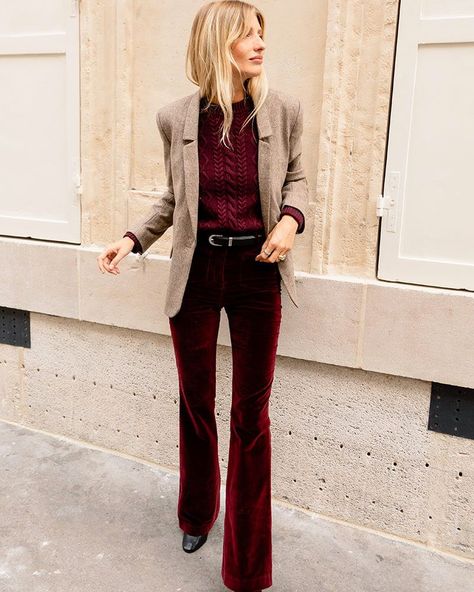 Velvet Fall Outfits, Style Burgundy Pants, Burgundy Flare Pants Outfits, Burgundy Velvet Pants Outfit, How To Wear Burgundy, Fall 2024 Outfit Inspiration, Burgundy Pants Outfit Winter, Flare Corduroy Pants Outfit, Burgundy Pants Outfit Women