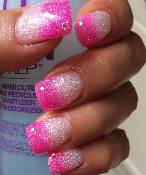 Pink sparkly gel nails with silver gems Pink And Sparkle Acrylic Nails, Pink Sparkly Ombre Nails, Bright Sparkly Nails, Hot Pink Diamond Nails, Nails Fucsia Hot Pink, Hot Pink Sparkly Nails, Hot Pink Valentine Nails, Hot Pink Ombre Nails, Pink Diamond Nails