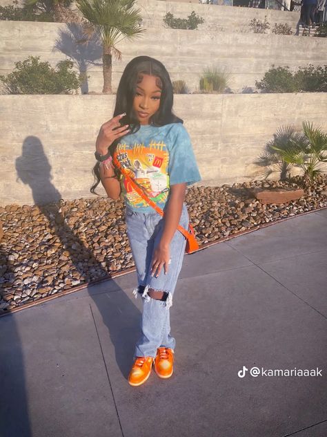 Outfit Ideas With Orange Dunks, Outfits For Orange Dunks, Shein Outfit Recreation, Back To School Outfits Black Girls Shein, Magma Orange Dunks, Teen Black Girls Back To School Outfits, Back To School Outfits Black Teen Girl Summer, Orange Dunks, Dunks Outfit