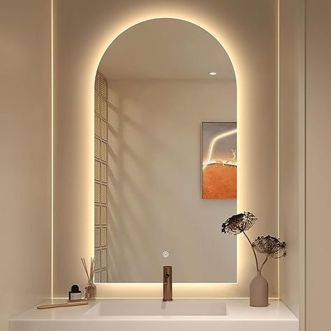 HZSCL Arch Bathroom LED Mirror With Light 40x60cm Arch Light Up Mirror For Bathroom Wall Mounted Vanity Mirror Dimmable 3 Color 50x80cm Smart Bathroom Light Arch Mirror (Size : 40x60cm/15.7x23.6in) : Amazon.co.uk: Home & Kitchen Backlight Mirror Bathroom, Lit Vanity Mirror, Bathroom Mirror And Lighting Ideas, Backlit Mirror Bathroom, Back Lit Mirror, Bathroom Mirror Aesthetic, Arch Bathroom, Mirror Led Lights, Light Arch