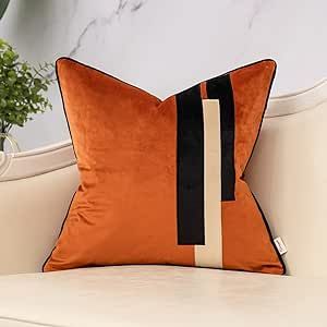 Yangest Burnt Orange Decorative Velvet Throw Pillow Cover Striped Patchwork Cushion Case Modern 18x18 Inch Pillowcase for Sofa Couch Bedroom Living Room Home Decor Cloth Texture, Couch Bedroom, Oblong Throw Pillow, Orange Throw Pillows, Living Room Orange, Velvet Throw Pillow, Patchwork Cushion, Rectangular Pillow Cover, Stripe Throw Pillow