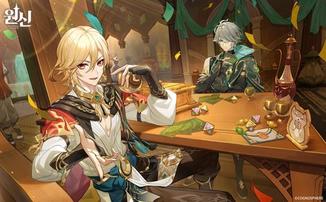 “New Kaveh and Alhaitham official art They're playing TCG together!” Korean Illustration, Comic Character, Anime Character, Genshin Impact, Game Art, Anime Guys, Favorite Character, Concept Art, Character Art