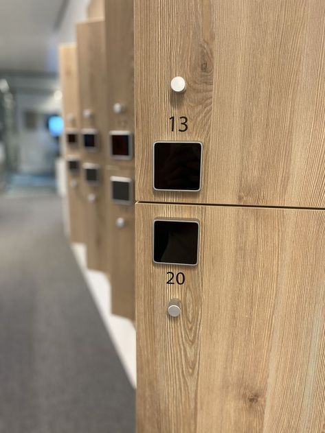 Yellowbox Locker System within Arcadis Smart Office. Modern Lockers, Clubhouse Ideas, Staff Lockers, Wood Lockers, Locker Ideas, Wooden Lockers, Office Vibes, Locker Locks, Locker Designs