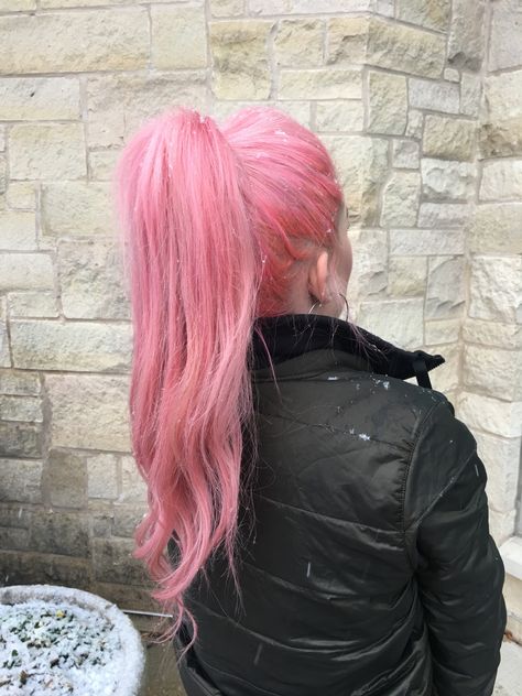 Bubblegum Pink hair #hair #pink #pinkhair #peach #peachhair #hairstyles #longhair #haircolor #joico #pravana #hairstylist #color #inspo Pink Extensions, Pink Hair Ponytail, Pink Ponytail, Bubblegum Pink Hair, Messy High Ponytails, Long Pink Hair, Coral Island, Light Pink Hair, Oc Board