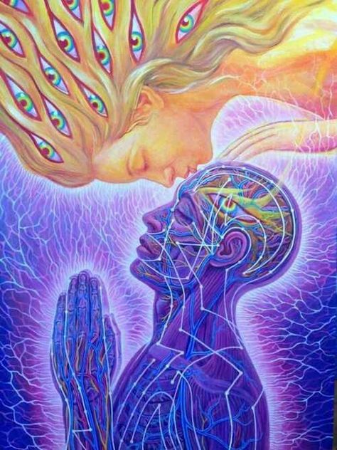 The Third Eye Kiss can be an experience you feel in the depths of your soul and can often be felt for several days. Kiss the centre of a person's forehead with thoughts of love and compassion. It activates the pineal and pituitary glands giving the receiver a sense of security and wellbeing. Alex Grey, 골든 리트리버, Psy Art, Visionary Art, Meditation Music, Spiritual Art, Sacred Geometry, Love And Light, Third Eye