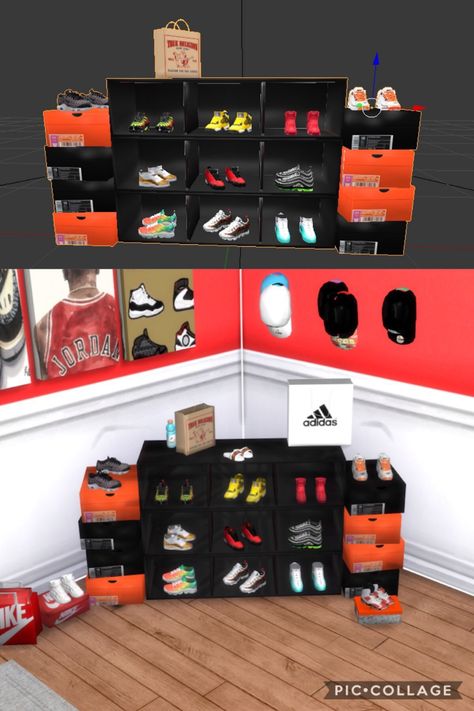 sims 4 cc // custom content clutter decor furniture // Simlocker Sneakerhead display Sims Footlocker, Sims 4 Cc Shoe Boxes, Sims 4 Decor Shoes Cc, Sims 4 Shoe Decor, Sims 4 Cc Shoe Clutter, Sims 4 Shoe Clutter, Sims 4 Hood House Cc, Sims 4 Realistic Clutter, Sims 4 Hypebeast Decor Cc