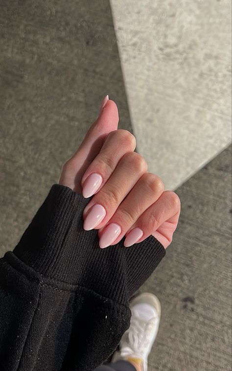 Peachy Pink Almond Nails, Solid Colour Nails Almond, Engagement Nails Almond Shape, Nails For Blush Pink Dress, Milky Pink Almond Nails Short, Baby Pink Oval Nails, Pinky Nude Nails Almond, Light Pink Almond Nails Design, Almond Nails Nude Color