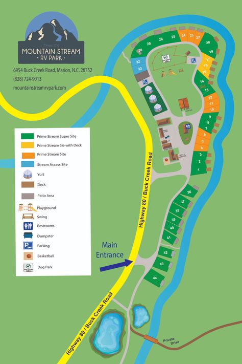 Mountain Stream RV Park | Marion, North Carolina | Check Availability or Make a Reservation - Map | ResNexus Best Rv Parks, Mobile Home Parks, Rv Sites, Site Map, Rv Interior, Mountain Stream, Travel Tech, Rv Park, Rv Stuff