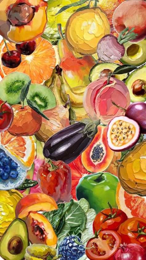 Fruit And Veggie Painting, Food Textiles, Watercolor Fruits And Vegetables, Fruit Collage, Food Collage, Vegetable Art, Vegetable Painting, Natural Form Art, Form Art