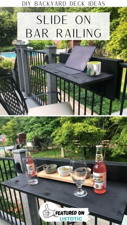 Entertaining on your deck just go easier with this slide on railing bar. You can have a table with out needing extra furniture. See this DIY deck idea and more on Listotic. Flip Up Deck Bar, Built In Deck Table, Deck Railing Table Ideas, Deck Rail Table Diy, Diy Deck Railing Table, Porch Railing Bar Top, Deck Table Ideas, Diy Balcony Table, Diy Backyard Deck Ideas