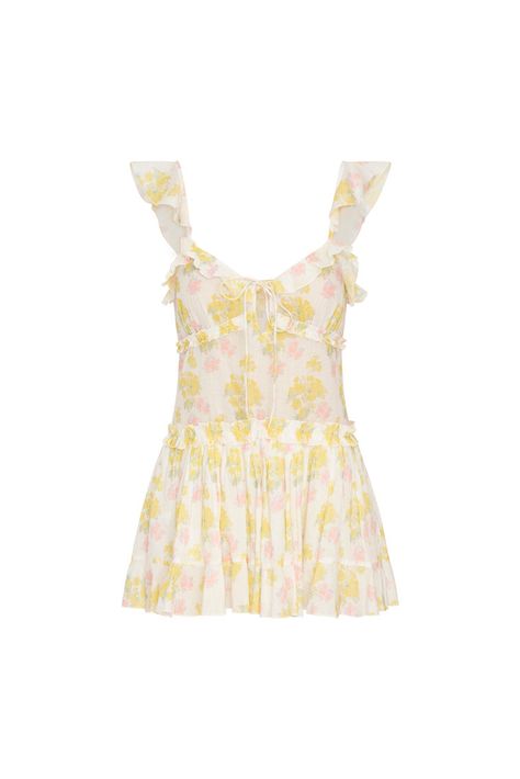 Channeling sunshine in the Frista Dress. This playful mini debuts with a cotton voile and a pretty mixed print featuring pastel florals all over. Beginning with flutter straps, the dress has ruffles lining the neckline, tiny tie details at the front and a slightly dropped waist for a flattering silhouette.