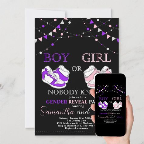 Sneaker Ball, Gender Reveal Invitations, Pink Sneakers, Gender Reveal, Created By, Stars, Purple, Sneakers, Pink