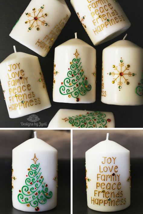 Candle Decoration For Christmas, Christmas Candle Making Ideas, Christmas Candles Diy Paint, Decorated Candles Diy, Candle Painting Christmas, Diy Candle Decorating Ideas, Christmas Candle Painting, Christmas Henna, Mehndi Candles