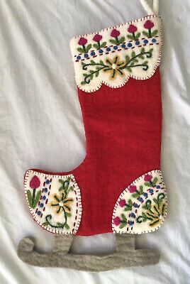 Christmas Wool Red Stocking With Skate By Fair Trade NWT | eBay Homemade Felt Stocking, Embroidered Christmas Stocking Diy, Christmas Stocking Hooks, Scandinavian Christmas Stocking, Christmas Stocking Vintage, Vintage Stockings Christmas, Handmade Christmas Stocking, Homemade Stockings Christmas, Sewn Christmas Stocking