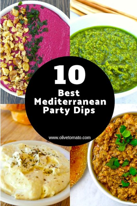 10 Mediterranean Party Dips that everybody will love #dips #mediterraneandiet #tzatziki #hummus #dips #spreads #sauce #healthy Mediterranean Dips Recipes, Mediterranean Food Party Ideas, Mediterranean Sauces Recipes, Mediterranean Dips Appetizers, Mediterranean Dips And Spreads, Mediterranean Mezze, Mediterranean Dipping Sauce, Mediterranean Spread, Mediterranean Dips