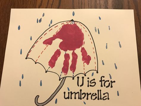 U is for Umbrella Handprint art Umbrella Handprint, U Handprint Craft, Rainy Day Handprint Art, Umbrella Handprint Craft, Letter U Handprint Craft, Handprint Umbrella, Letter U Crafts, Handprint Calendar, Babysitting Crafts