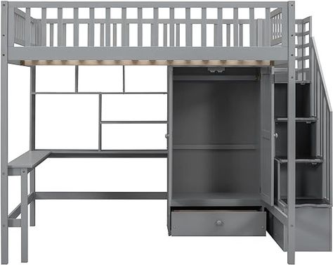 Amazon.com: BIADNBZ Wooden Full Size Loft Bed with Desk, Stairs Storage, Wardrobe, Bookshelf and Drawers, Stairway Loftbed w/Closet and High Guardrails, Wood Bedframe for Kids Teens Adults Bedroom, Gray : Home & Kitchen Desk Stairs, Full Size Loft Bed, Adults Bedroom, Loft Type, Loft Bed With Desk, Bedroom Gray, Storage Wardrobe, Stairs Storage, Bed With Desk