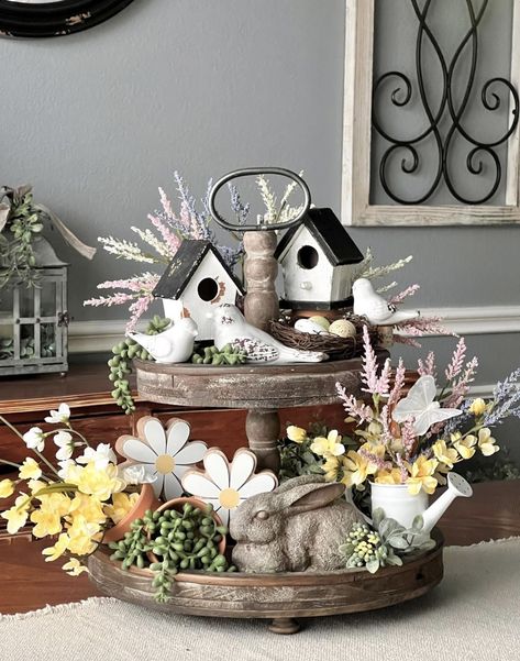 Spring Tiered Tray Decor Ideas, Spring Tiered Tray Decor, Tiered Tray Decor Ideas, Dough Bowl Centerpiece, Spring Tiered Tray, Tray Decor Ideas, Wood Deco, Coffee Table Centerpieces, Tier Trays