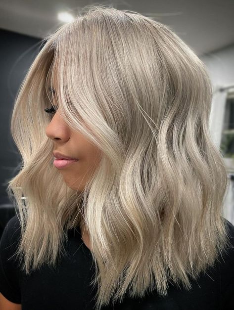 Warm Shade of Platinum Blonde Hair Blonde Mid Length, Natural Dark Blonde Hair, Doodle Cuts, Platinum Blonde Hair Color Ideas, Hair Lights, Platinum Hair Color, Bright Blonde Hair, Celestial Beings, Tan Skin Blonde Hair