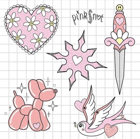 Traditional Tattoo Outline, Petit Tattoo, Pink Tattoo, Kawaii Tattoo, Flash Tattoo Designs, Tattoo Flash Sheet, Posca Art, Spooky Tattoos, Tatuaje A Color