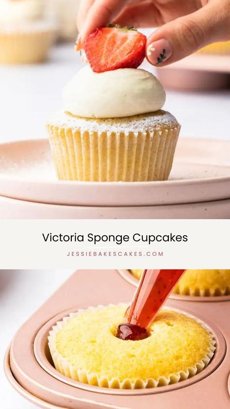 Have you seen this easy cupcakes recipe? Put a twist on a classic bake with these delicious Victoria Sponge Cupcakes! The soft vanilla sponge is filled with jam before being topped with whipped vanilla cream, a dusting of icing sugar and a fresh strawberry. The perfect cupcake for picnics, summer parties or as an afternoon treat served with a cup of tea. This ultimate Victoria Sponge cupcake recipe is so easy - it will soon become your favourite cupcake recipe! Get the recipe now! Sponge Cupcake Recipe, Victoria Sponge Cupcakes, Basic Cupcake Recipe, Sponge Cupcakes, Homemade Brownies Easy, Easy Jam, Desserts With Few Ingredients, Cupcakes Filled, Brownies Recipe Homemade