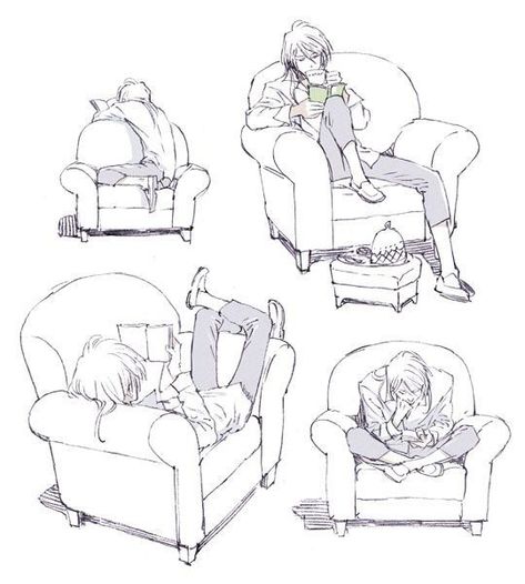 Relaxing In Chair Pose Reference, Chibi Swimming Poses, Comfy Poses Drawing, Laying Down On Stomach Pose, Sitting Base, Makishima Shogo, Character Studies, Chair Drawing, Body Reference Drawing