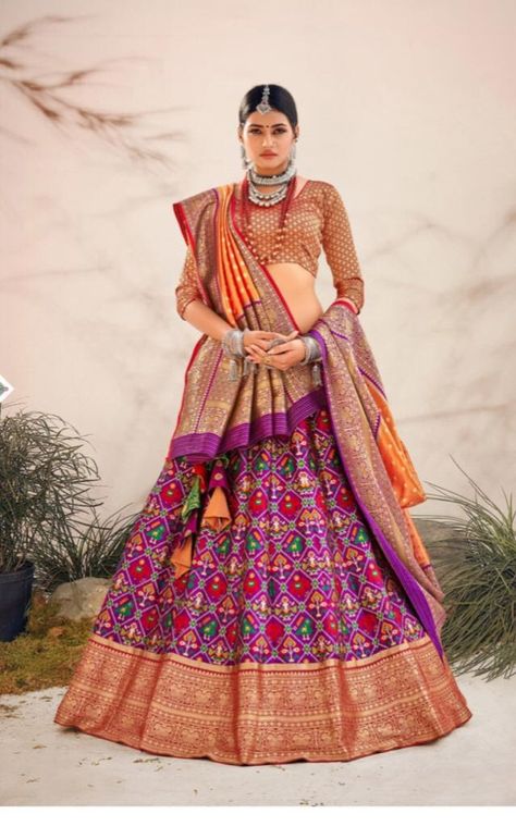 Patola Lehenga, Lehenga Purple, Patola Pattern, Indian Wedding Party, Patola Print, Orange Lehenga, Silk Lehenga Choli, Haldi Outfit, Stitched Lehenga