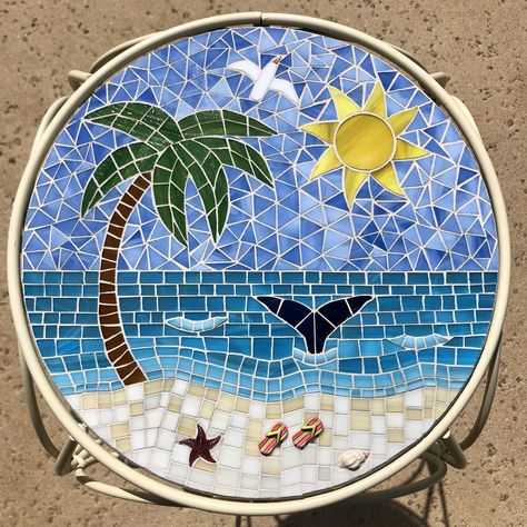 Mosaic Palm Trees, Beach Mosaic Ideas, Simple Mosaic Art, Mosaic Ideas Beginner, Vitromosaico Ideas, Nature Mosaic, Beach Mosaic, Glass Art Diy, Tile Mosaic Art