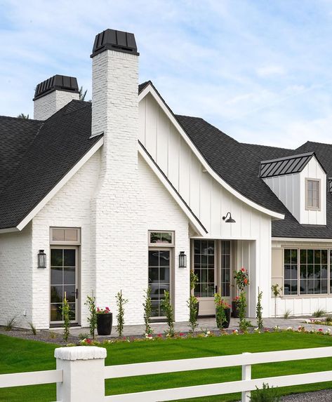 Two Hawks Design & Development on Instagram: “R O M A N C E via sweeping roofline and abundant exterior textures ✨ Photo via @erickrukphoto” White Brick Exterior House, White Siding Exterior, White Brick Exterior, Brown Roof, White Siding, Creek House, American House Plans, Quaint Cottage, Brick Exterior