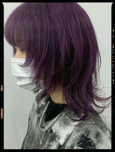 Wolfcut Purple Highlights, Purple Wolfcut Hair, Purple Mullet Hair, Wolf Cut Purple Hair, Purple Wolfcut, Purple Hair Mullet, Wolf Cut Hair Short Mullet, Fem Kokichi, Purple Wolf Cut