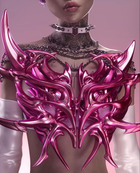 Cybersigilism Outfit, Cybersigilism Clothes, Cyberpunk Fashion Futuristic Clothing, Pink Futuristic Aesthetic, Gore Clothes, Pink Cyberpunk Outfit, Cyberpunk Outfit Ideas, Futuristic Medieval, Y3k Outfits