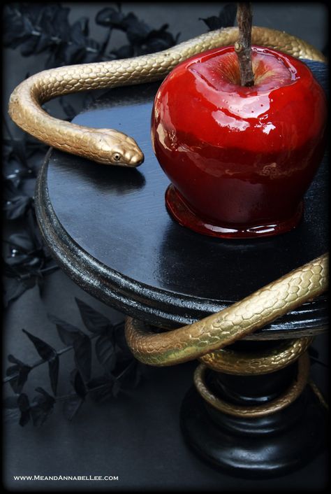 DIY Snake Cake Stand | Black and Gold Serpent Dessert Display Pedestal | Poisonous Apple | Goth Home Decor | Halloween Decor Crafts | www.MeandAnnabelLee.com Goth It Yourself, Snake Cake, Halloween Dessert Table, Diy Snake, Snake Cakes, Halloween Buffet, Elegant Halloween Decor, Annabel Lee, Halloween Decor Diy