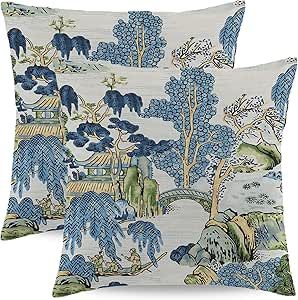 Wsunsal Chinoiserie Pillow Covers 18x18 Inch Set of 2, Asian Scenic Blue and Green Throw Pillows Farmhouse Chinoiserie Decorative Pillowcase Linen Cushion Cover for Home Sofa Bedroom Outdoor Chinoiserie Farmhouse, Farmhouse Modern Decor, Chinoiserie Pillow Covers, Chinoiserie Pillow, Chinoiserie Blue, Green Pillow Covers, Living Room Cushions, Green Throw, Green Throw Pillows