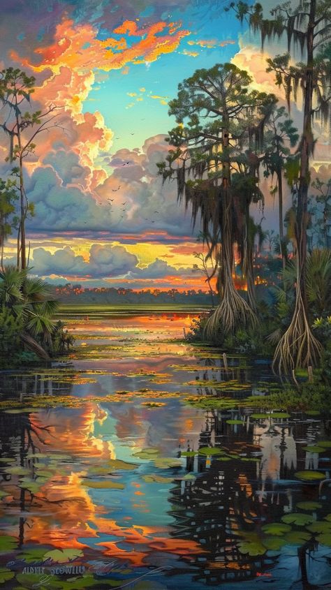 Experience the timeless beauty of Florida's Everglades in vintage style  #VintageVibes #Everglades #NatureLovers #FloridaSunset Vintage Florida Wallpaper, Old Florida Art, Old Florida Paintings, Old Florida Decor Living Room, Florida Painting Ideas, Everglades Tattoo, Everglades Aesthetic, Old Florida Aesthetic, Old Florida Decor Interior Design