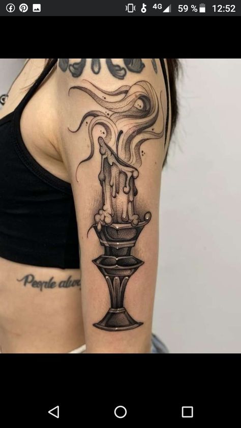 Candlestick Tattoo, Traditional Candle Tattoo, Castle Tattoo, Candle Tattoo, Landscape Tattoo, Thigh Piece, Spooky Tattoos, Aesthetic Tattoo, Pretty Tattoos