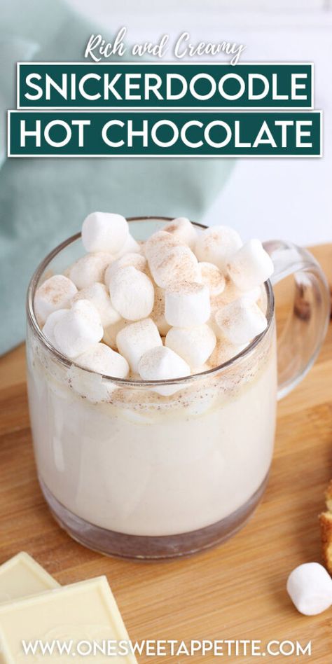 Vanilla Hot Chocolate Recipe, Hot White Chocolate Recipe, Snickerdoodle Hot Chocolate Recipe, Snickerdoodle Hot Chocolate, Warm Drinks Recipes, Perfect Hot Chocolate, White Hot Chocolate Recipe, Cinnamon Dolce Syrup, Kids Drink