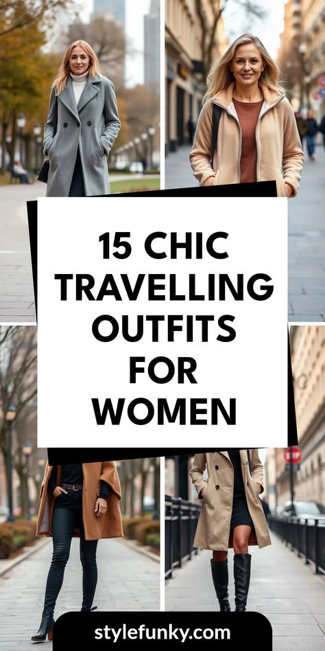 Looking to jet-set in style? Check out these 15 Chic Travelling Outfits for Women that combine comfort and chic vibes perfectly. From the elegant wool coat over a midi skirt paired with heeled booties to a cozy fleece-lined zip-up jacket styled with joggers, there's a look for every kind of traveler. Need something more sophisticated? A classic trench coat over a turtleneck dress and knee-high boots is always a go-to. Expand your travel wardrobe with outfits that make you feel great on-the-go while looking effortlessly stylish. Sophisticated Travel Outfits, Elegant Travel Outfits Classy, First Class Travel Outfit, Elegant Travel Outfits, Business Travel Outfits Woman, Business Trip Outfits For Women, Commuter Outfit, Travel Look Outfits, Work Travel Outfit