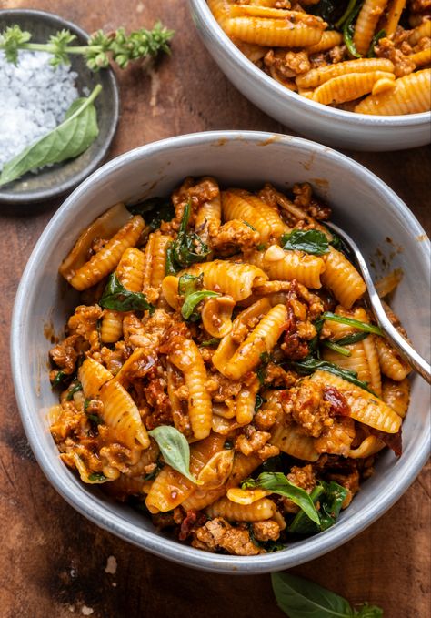 One Pot Tuscan Pasta Recipe Wandering Chickpea, Ground Turkey Pasta Recipes, Cavatelli Recipe, Cheesy Sausage Pasta, Ground Turkey Pasta, Tuscan Pasta, Turkey Pasta, Dairy Free Pasta, Chicken With Italian Seasoning