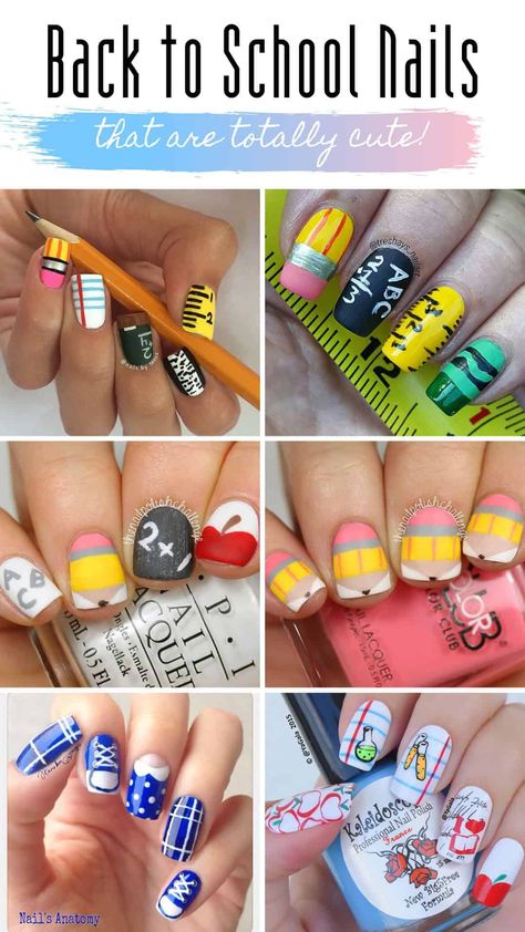 It's time to start planning (and practising) those back to school nails! So today we have a ton of ideas to inspire teachers and students alike! Teacher Nails Designs Back To School, School Themed Nails, Back To School Nails For Teachers, School Nail Designs, Back To School Nails Acrylic, Teacher Nail Art, School Nail Ideas, Back To School Nail Ideas, Kid Nails