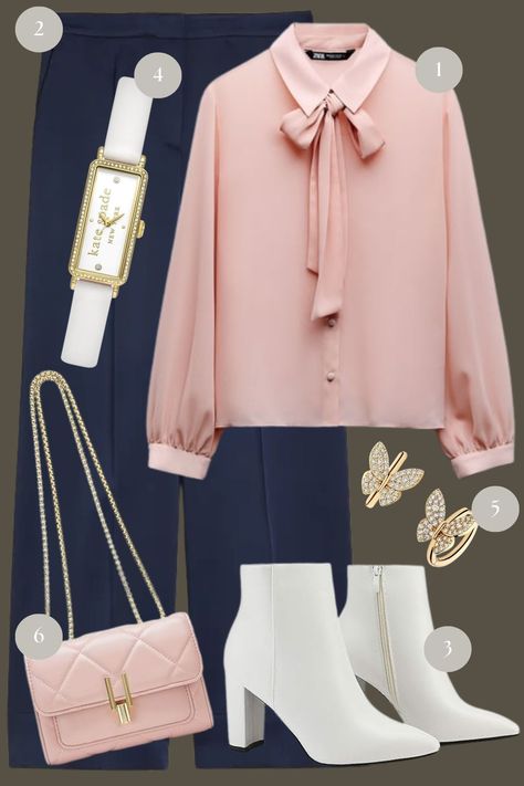 Delve into the elegance of a timeless color palette with this fashion moodboard, where the deep, confident navy is softened by the gentle caress of blush tones. The centerpiece is a chic blouse featuring a delicate bow, casting a silhouette of effortless sophistication. Navy And Blush, Timeless Color Palette, Fashion Moodboard, Blush Tones, Chic Blouses, Glitter Earrings, Mood Board Fashion, White Boots, The Deep