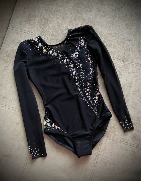 Black Leotard Gymnastics, Leotard Stoning Ideas, Contemporary Dance Costumes Dresses, Black Leotard Costume, Gymnastics Dress, Leotard Dance Costume, Leotards Gymnastics, Gymnastics Competition Leotards, Rhythmic Gymnastics Costumes