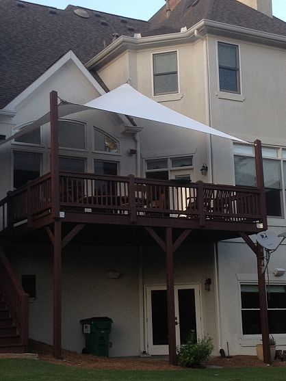 Privacy shade on our deck, extend upright posts, attach sail shade Shade Sail Installation, Deck Cover, Deck Shade, Sun Sail, Sail Shade, Small Pergola, Backyard Shade, Sun Sail Shade, Patio Shade