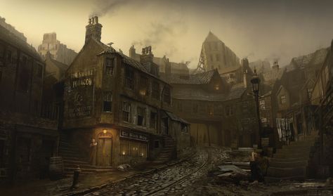 Old Slums, George Johnstone on ArtStation at https://www.artstation.com/artwork/OADew City Images, 19th Century London, Steampunk City, Fantasy Story Ideas, Fantasy Village, Medieval City, Victorian London, Medieval World, Dark City