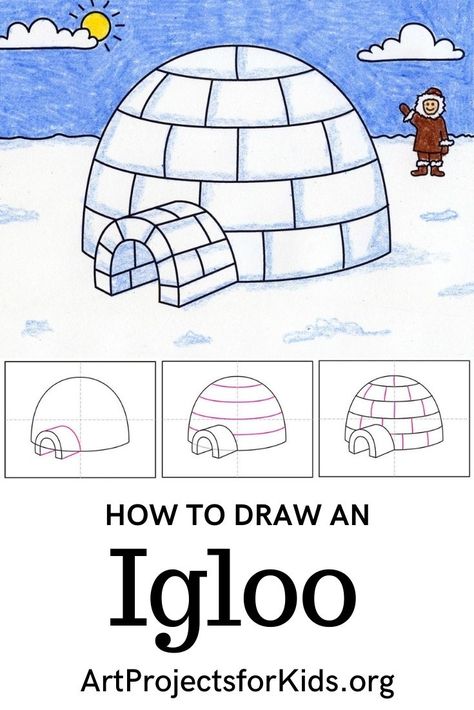 Learn how to draw an Igloo with an easy step-by-step PDF tutorial. #howtodraw #tutorial #drawing #drawingtutorial #arttutorial #artprojectsforkids #howtodrawforkids #igloo Igloo Drawing, Kindergarten Drawing, Penguin Drawing, Tutorial Drawing, Drawing Lessons For Kids, Elephant Drawing, Relaxing Art, Drawing Step, Easy Drawings For Kids