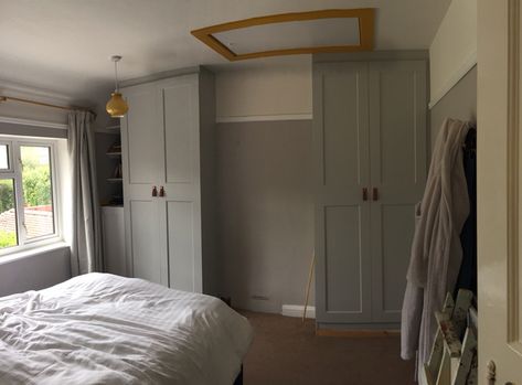 Built in wardrobes in alcove | Mumsnet Built In Wardrobe Ideas Alcove, Grey Fitted Wardrobes, 1930s Bedroom, Alcove Wardrobe, Built In Wardrobes, Free Standing Wardrobe, Recessed Shelves, Ikea Wardrobe, Bespoke Wardrobe