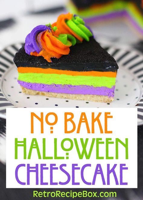 No Bake Halloween Cheesecake is fun to make and serve. With all the colored layers, it's sure to be a great hit at the Halloween party. It's a no bake cheesecake, so you can make it ahead and have it ready to serve when you need it. retrorecipebox.com Parents With Baby, Fun Cheesecake Recipes, Dessert No Bake, Halloween Cheesecake, Bake Halloween, No Bake Cheesecake Recipe, Halloween Party Desserts, Halloween Food Treats, Halloween Baking