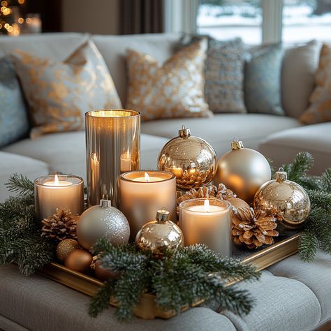 Christmas Decoration For Home, Gray And Gold Christmas Decor, Christmas Decor Ideas Brown And Gold, Christmas Luxury Decor, Holiday Coffee Table Decor Christmas, Christmas Coffee Table Tray Decor, Luxury Christmas Decor Ideas, Winter Table Decor Ideas, Coffee Table Xmas Decor Ideas