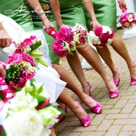 Pink Bridesmaid Shoes, Emerald Green And Pink, Pink And Green Wedding, Pink Green Wedding, Pink Ideas, Pink Wedding Shoes, Hot Pink Weddings, Emerald Green Weddings, Green Wedding Colors