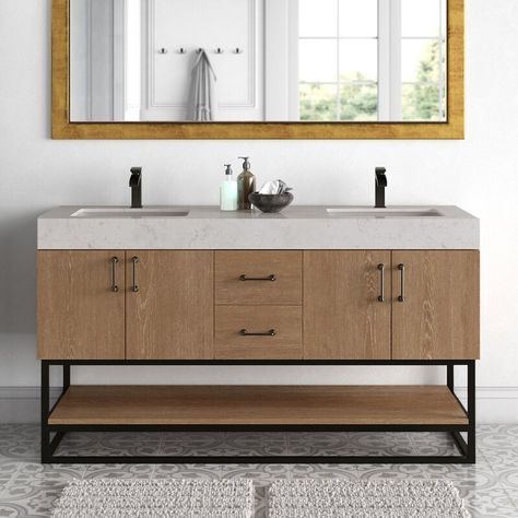 Wade Logan® Annice 60" Double Bathroom Vanity Set & Reviews | Wayfair Georgia House, Stone Vanity, Oak Cabinet, Mirror Backsplash, Sink Storage, Double Bathroom, Wayfair Furniture, Double Bathroom Vanity, Oak Cabinets