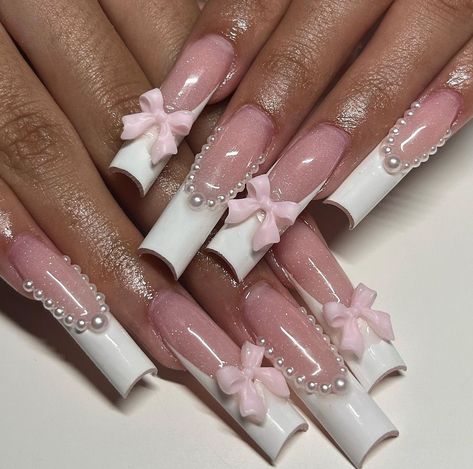 pink bow croquette coquette nails Summer Acrylic Nails Squoval, Coquette Bday, Sweetheart Nails, Ballerina Acrylic Nails, Healthy Abs, Paznokcie Hello Kitty, Fake Nails White, Bday Nails, Coquette Nails